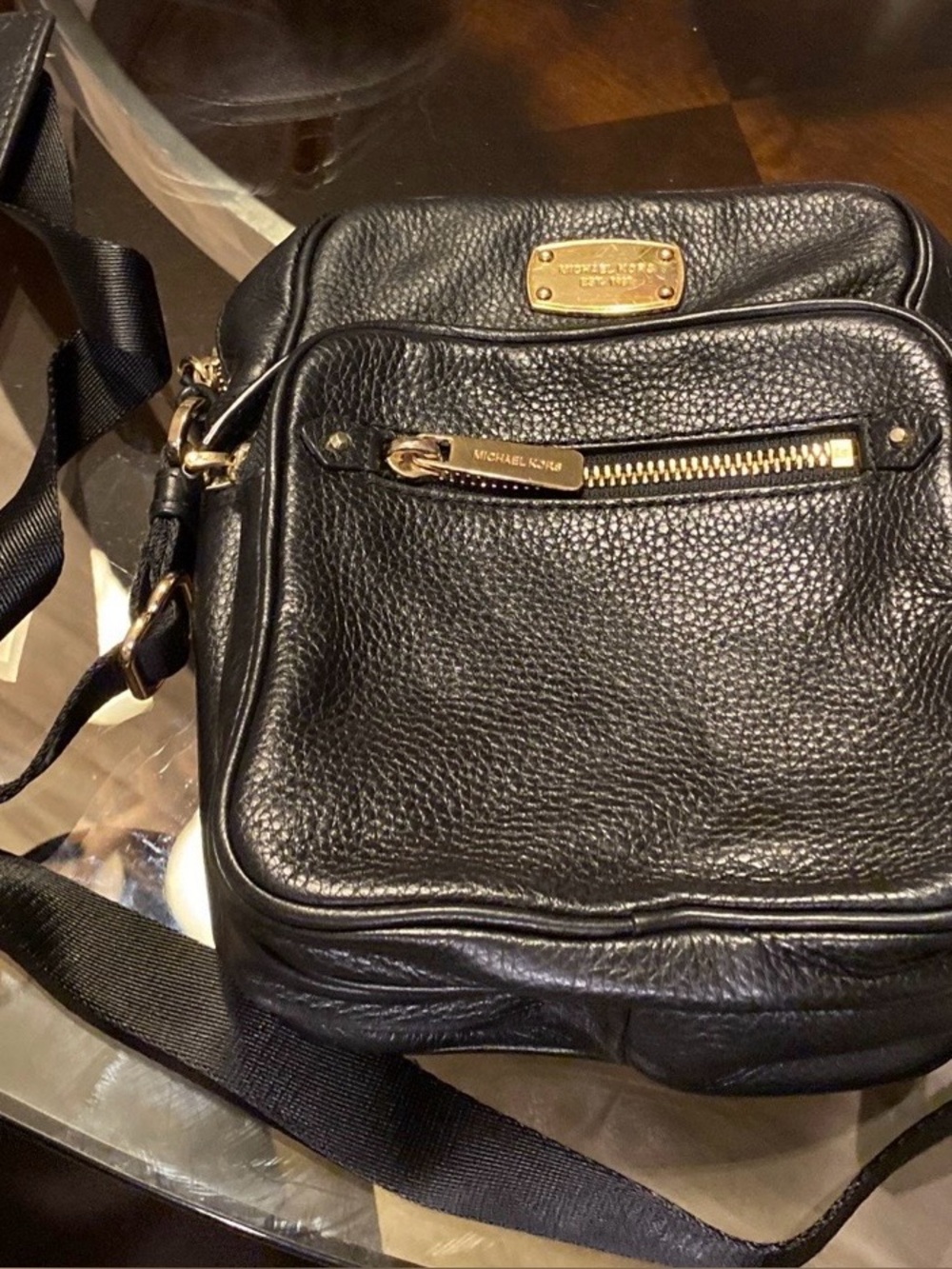 Michael Kors Black Pebbled Leather Messenger Crossbody with Gold Hardware